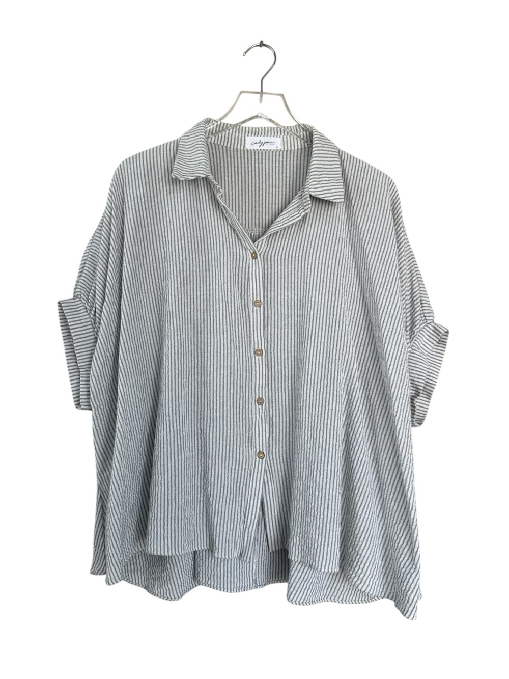 Carly Jean Los Angeles Blue Stripe Oversized Button Front Tunic Shirt Medium